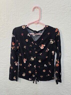 Art Class Girls Black Floral Ribbed Ruched Cinched Tie Front Long Sleeve Top XS